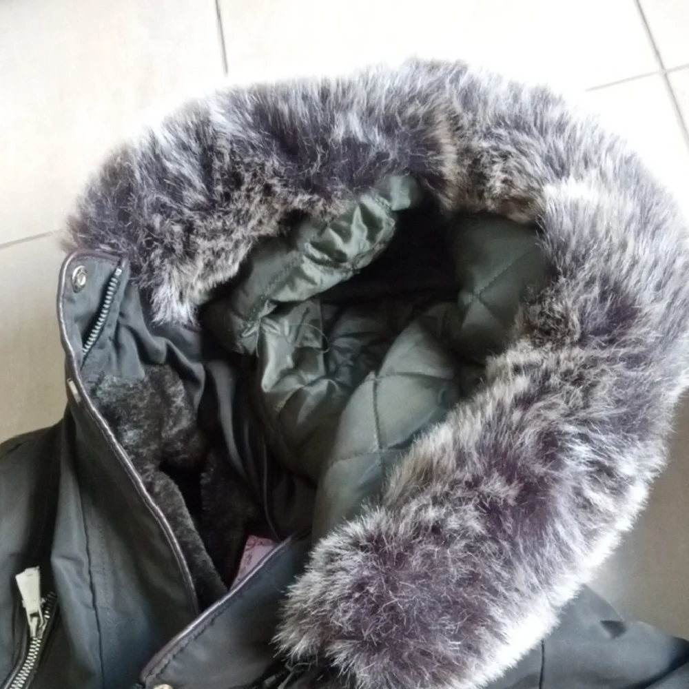 Women's Dark Green Parka Coat with Fur Trim - Picture 10 of 11